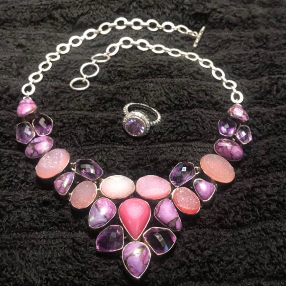 🦄🦄GORGEOUS Sterling Silver DRUZY Bib Necklace - Picture 2 of 2
